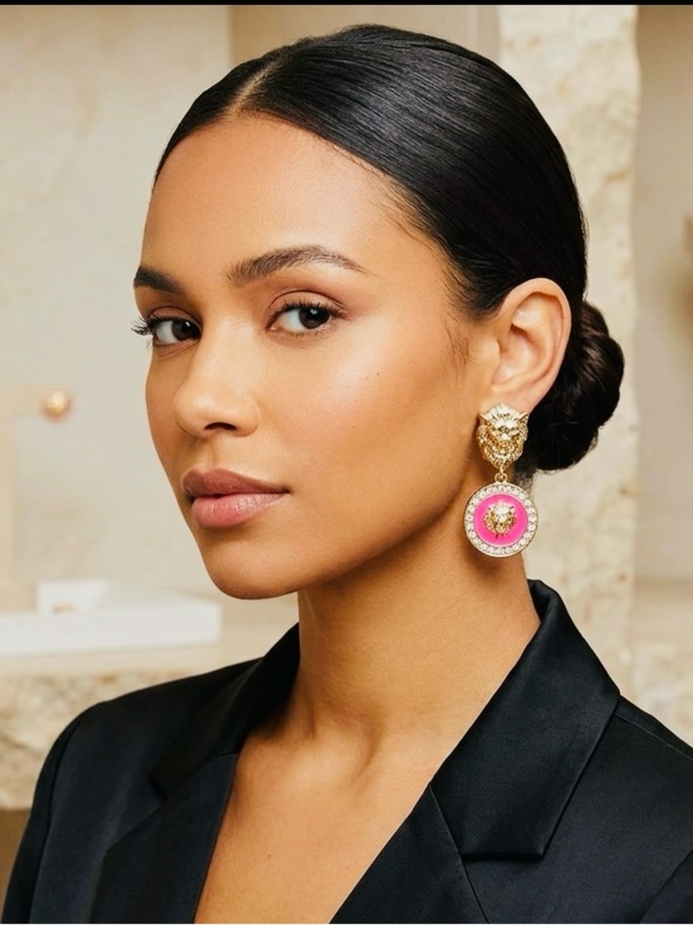 Vintage Lion Head Pink and Gold Tone Dangle Earrings Pink Crystal Drop